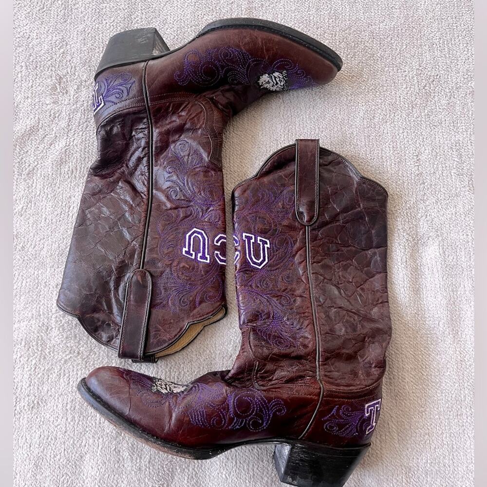 Tcu Horned Frogs Gameday Cowboy Boots Women Size 8 Brown Purple Embroidered